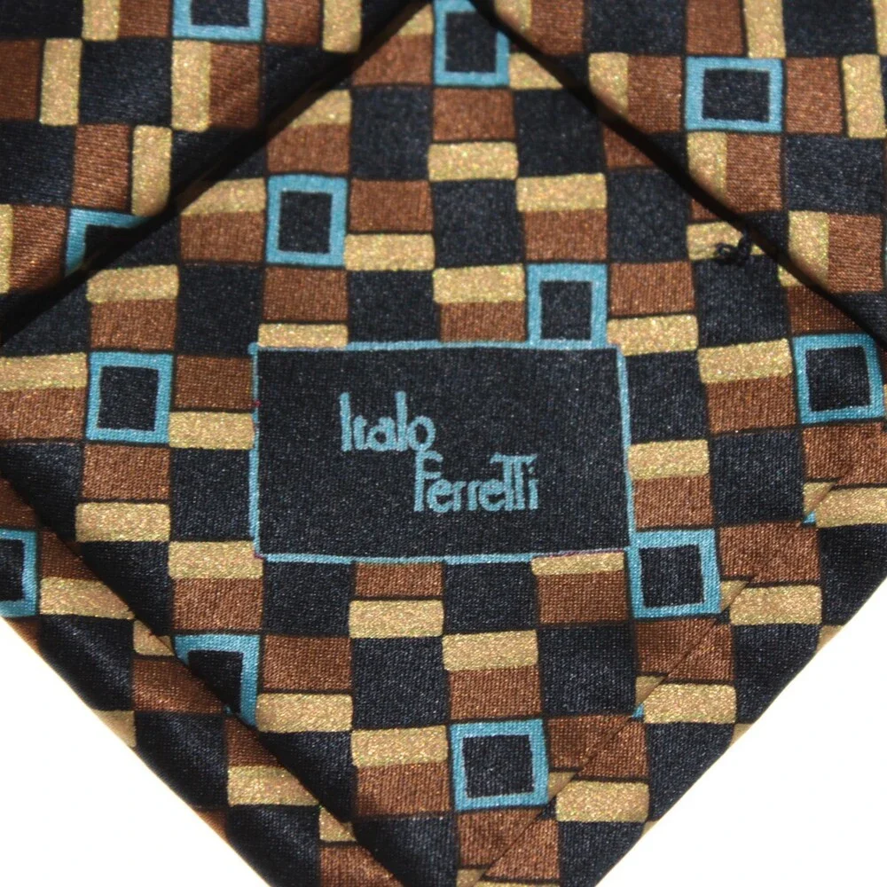 Italo Ferretti NWT Neck Tie in Browns & Blues Geometric Print 100% Silk